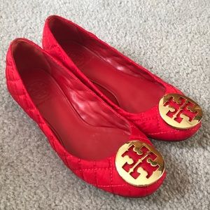 Tory Burch Red Quilted Flats with Gold Logo